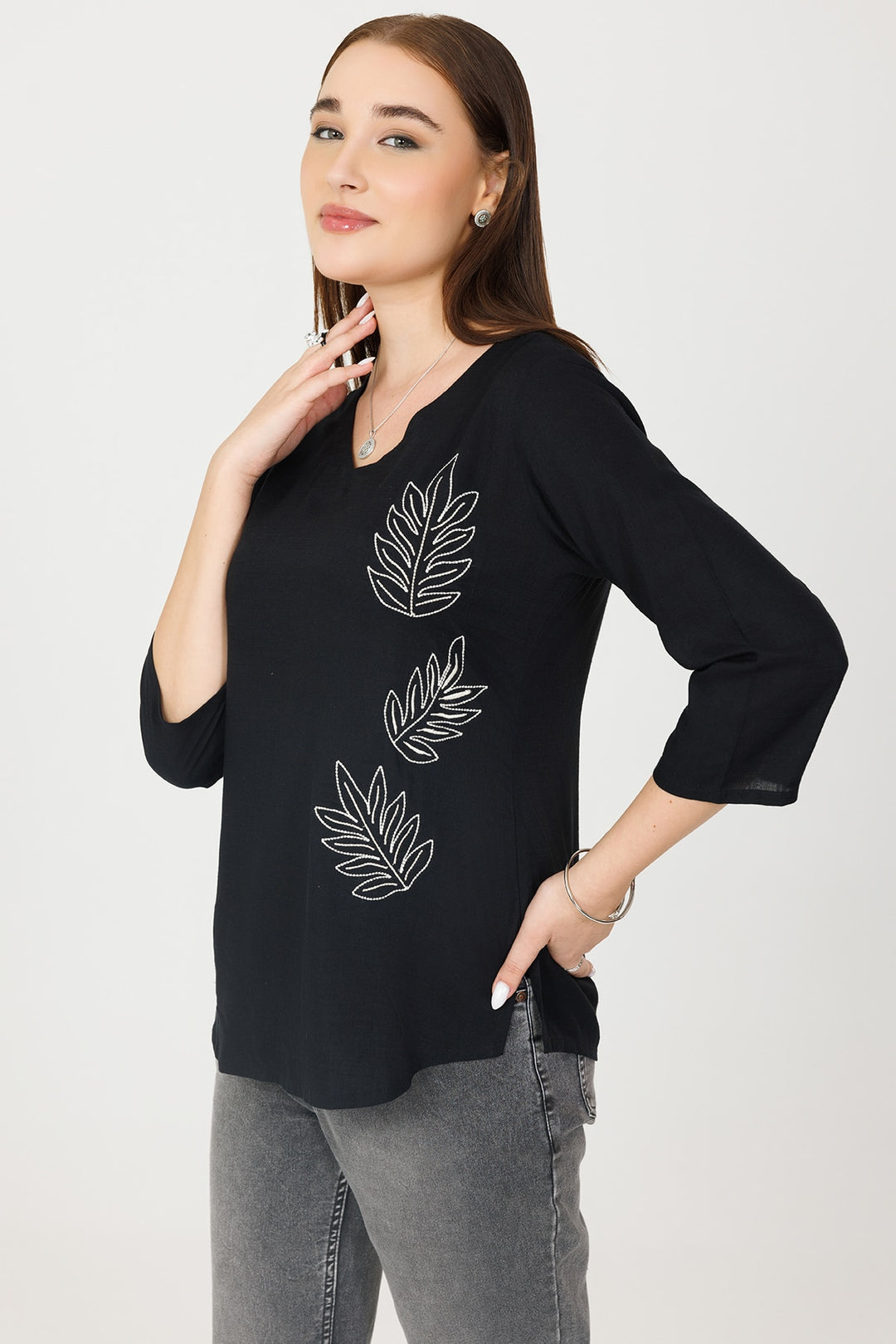Black Embroidered Rayon Slub V-Neck Top
