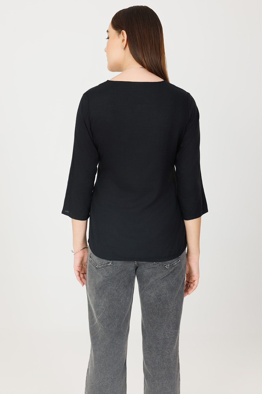 Black Embroidered Rayon Slub V-Neck Top