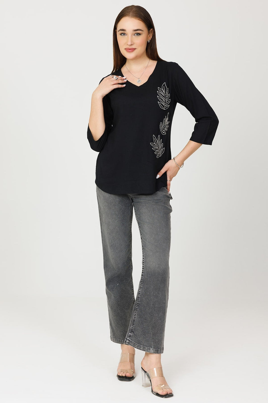 Black Embroidered Rayon Slub V-Neck Top