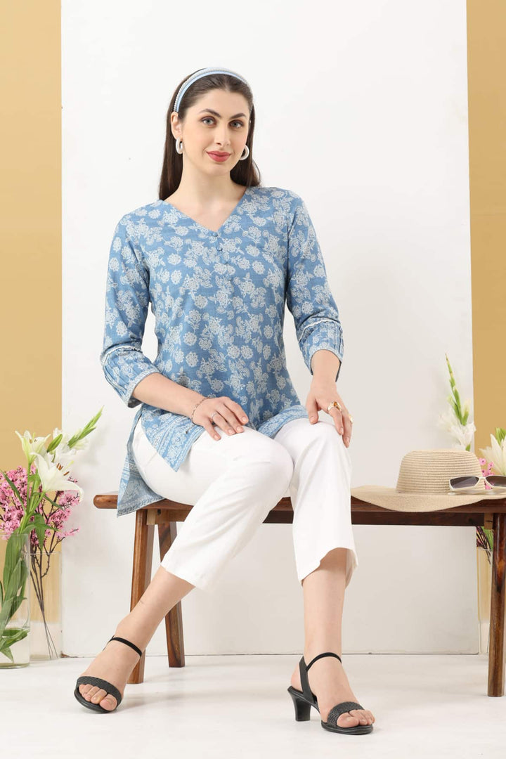 Blue Printed Rayon Tunic with V-Neck