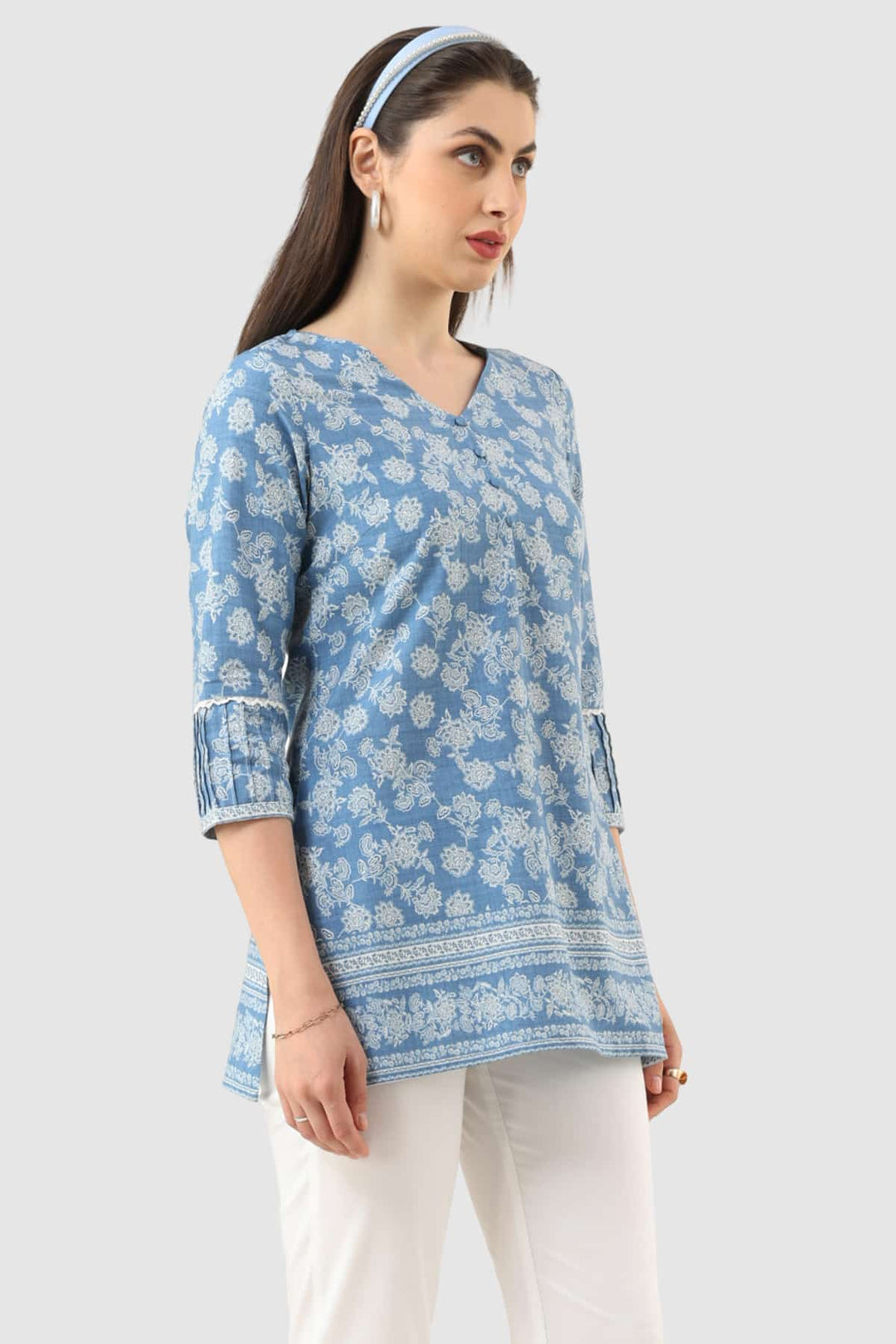 Blue Printed Rayon Tunic with V-Neck
