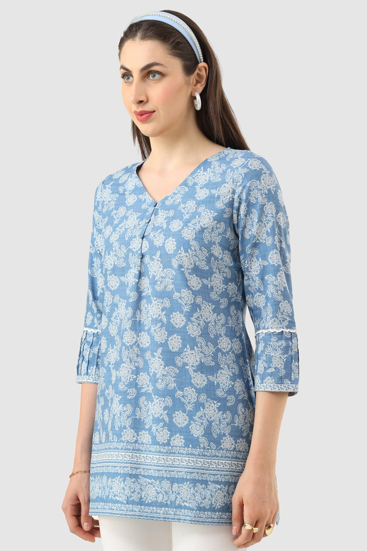 Blue Printed Rayon Tunic with V-Neck