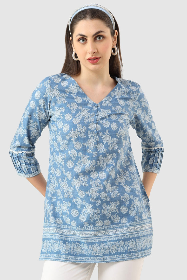 Blue Printed Rayon Tunic with V-Neck