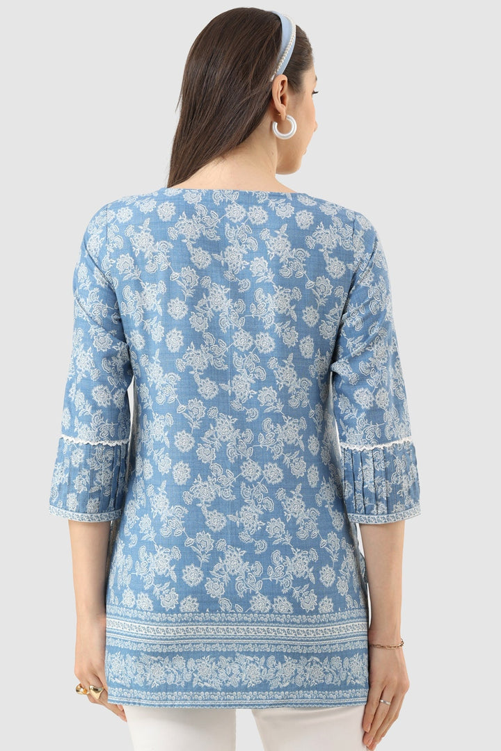 Blue Printed Rayon Tunic with V-Neck