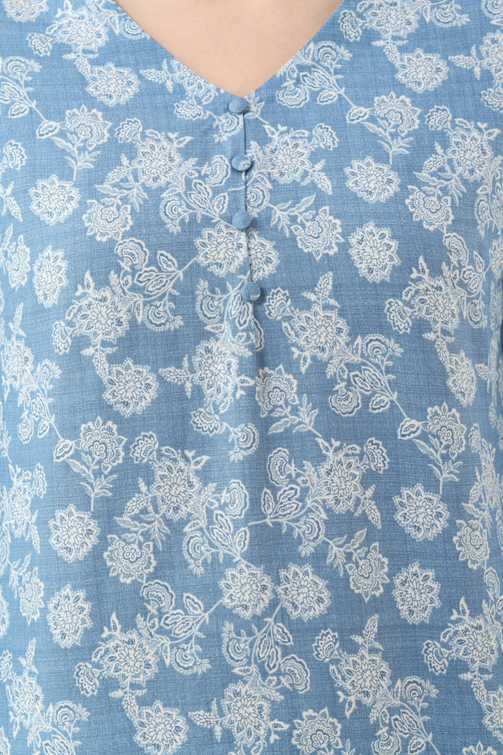 Blue Printed Rayon Tunic with V-Neck