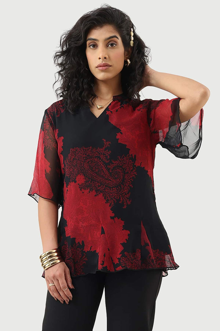 Red &amp; Black Printed Georgette Top with Flared Sleeves