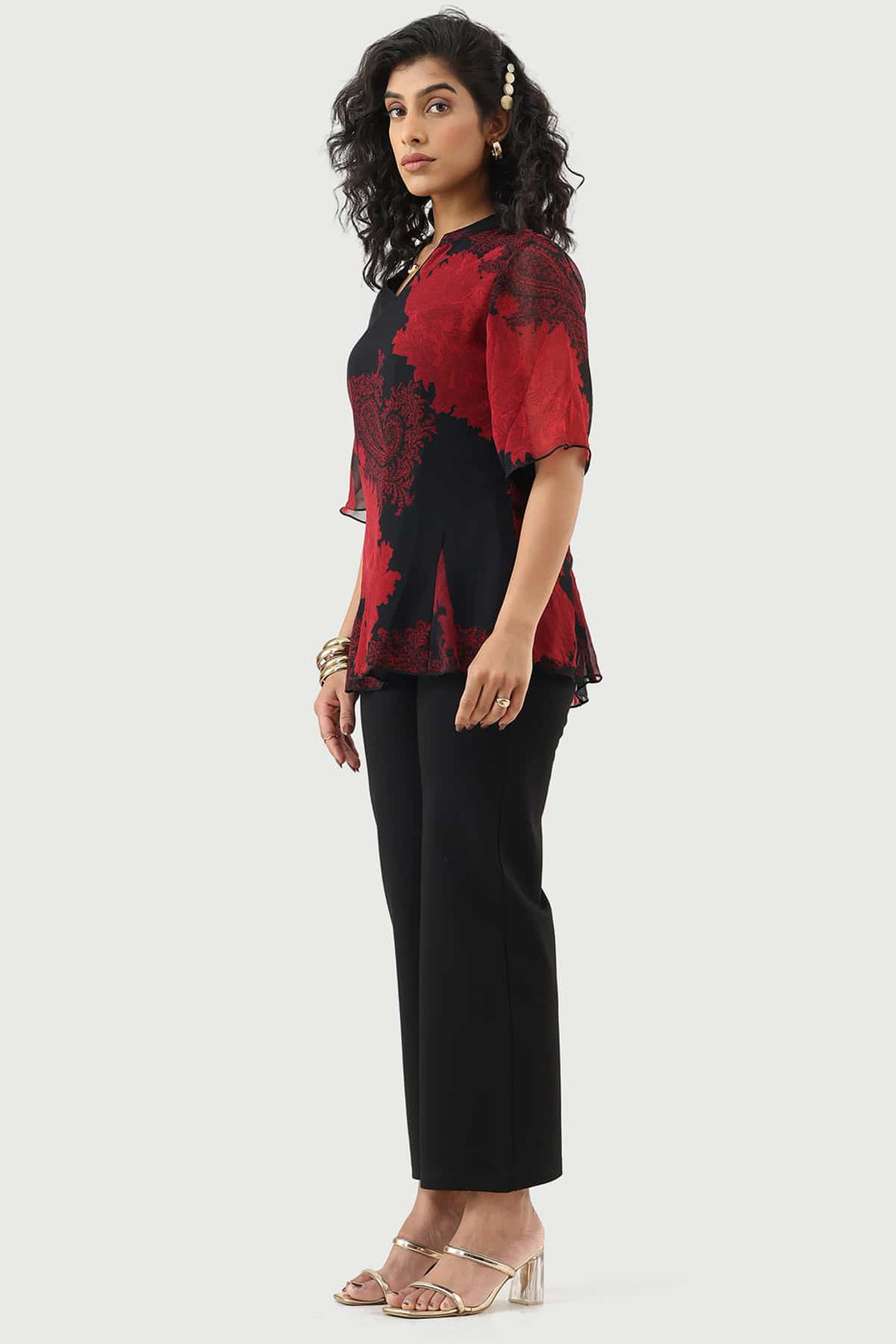 Red &amp; Black Printed Georgette Top with Flared Sleeves