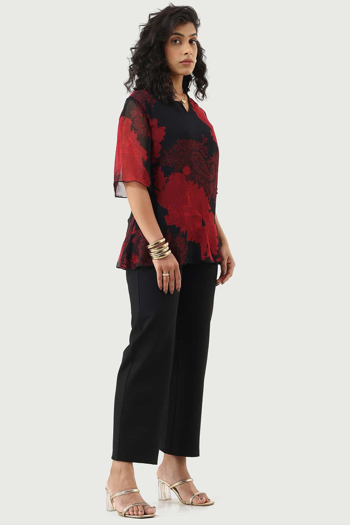 Red &amp; Black Printed Georgette Top with Flared Sleeves