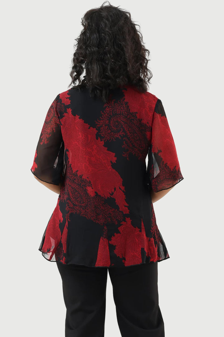 Red &amp; Black Printed Georgette Top with Flared Sleeves