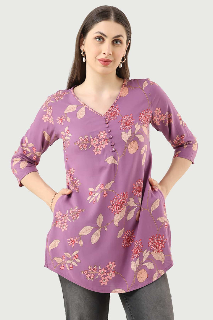 Lavender Printed Rayon Tunic with V-Neck