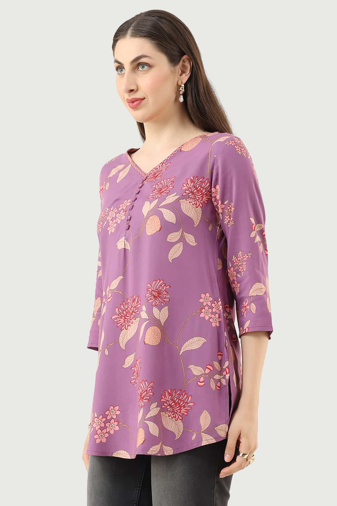 Lavender Printed Rayon Tunic with V-Neck