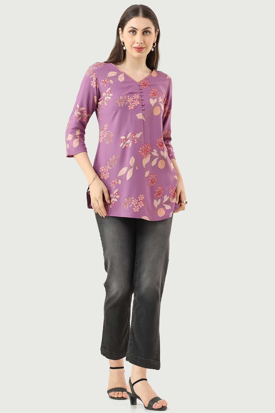 Lavender Printed Rayon Tunic with V-Neck