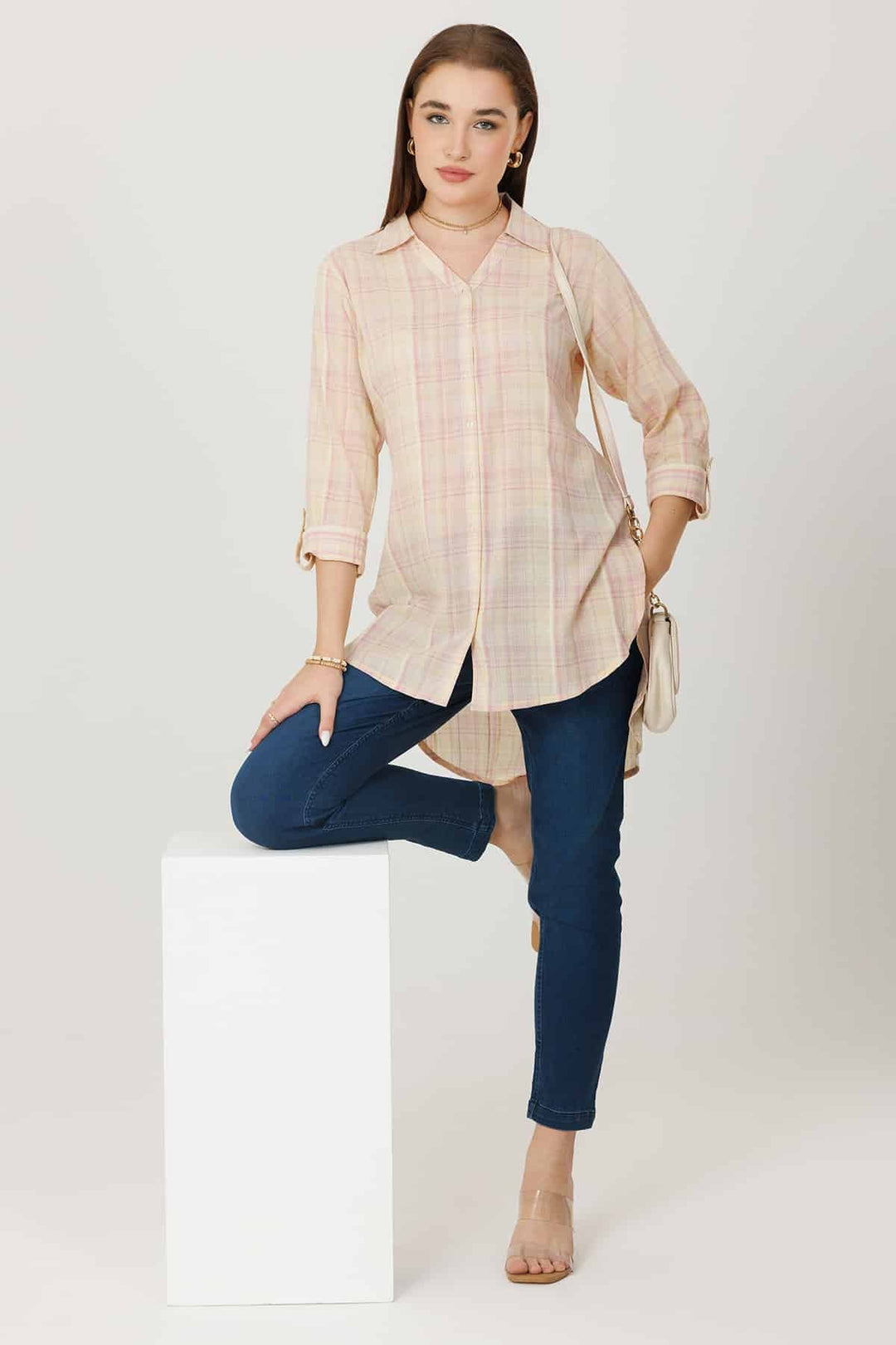 Cream Checked Rayon Crepe Shirt with Full Sleeves