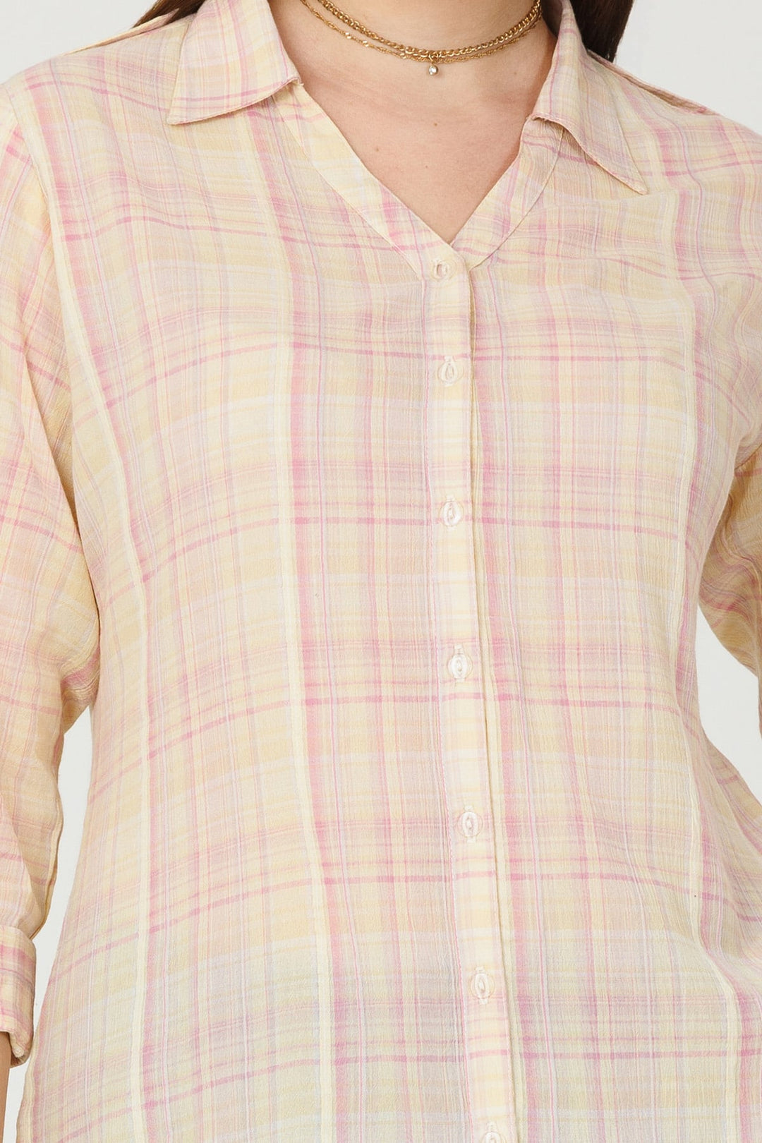 Cream Checked Rayon Crepe Shirt with Full Sleeves