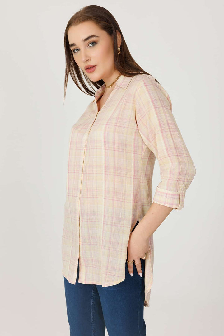 Cream Checked Rayon Crepe Shirt with Full Sleeves