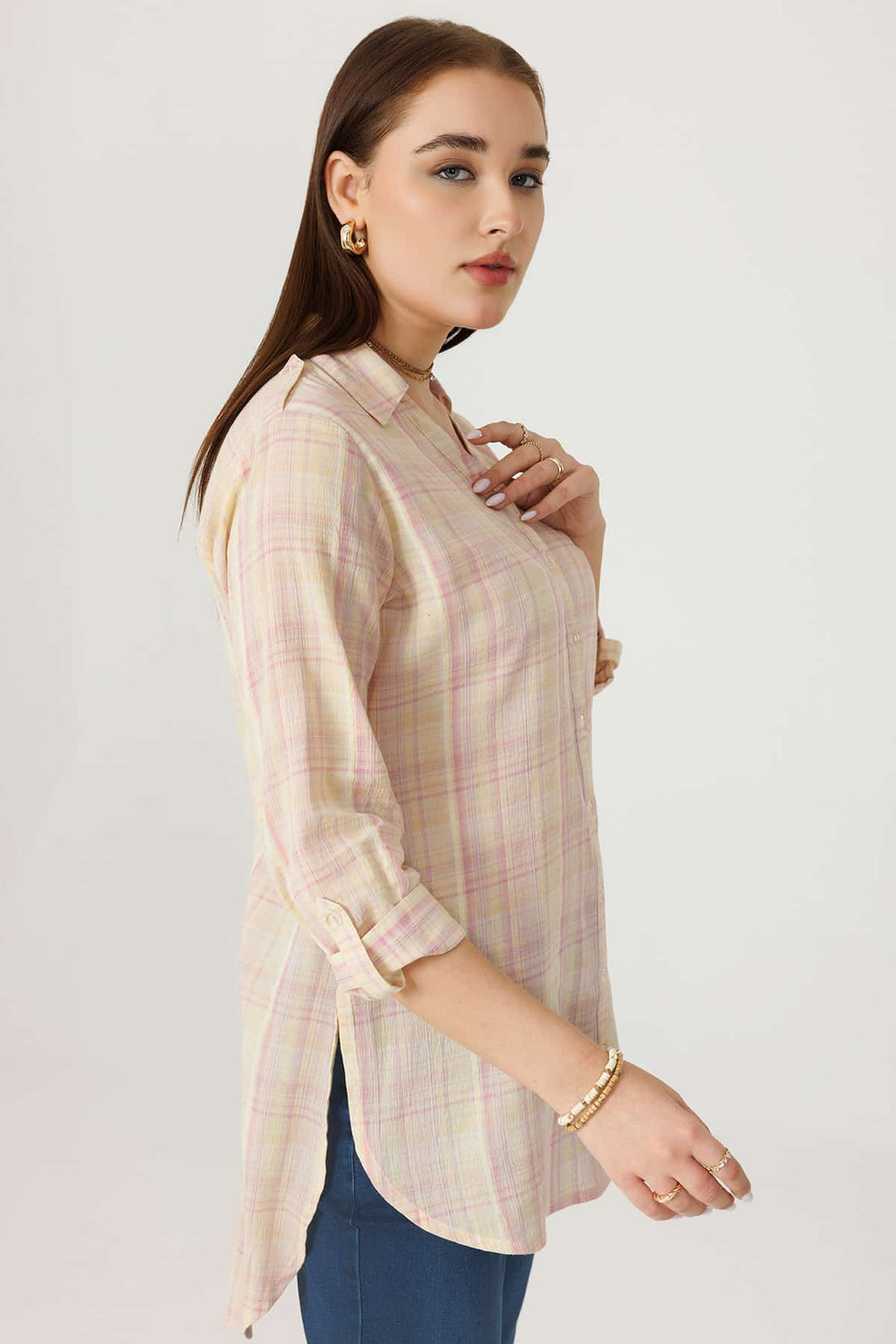Cream Checked Rayon Crepe Shirt with Full Sleeves