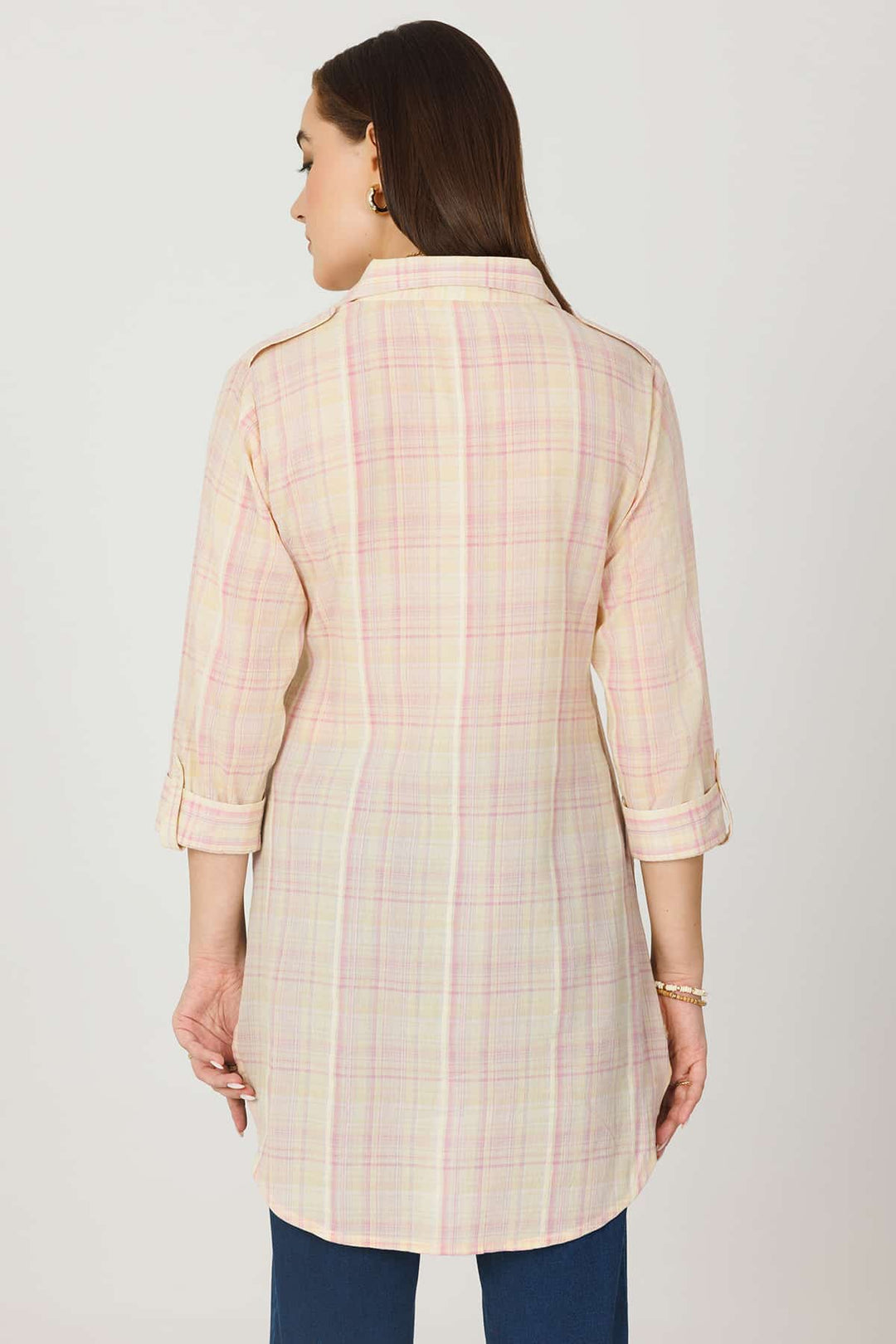 Cream Checked Rayon Crepe Shirt with Full Sleeves