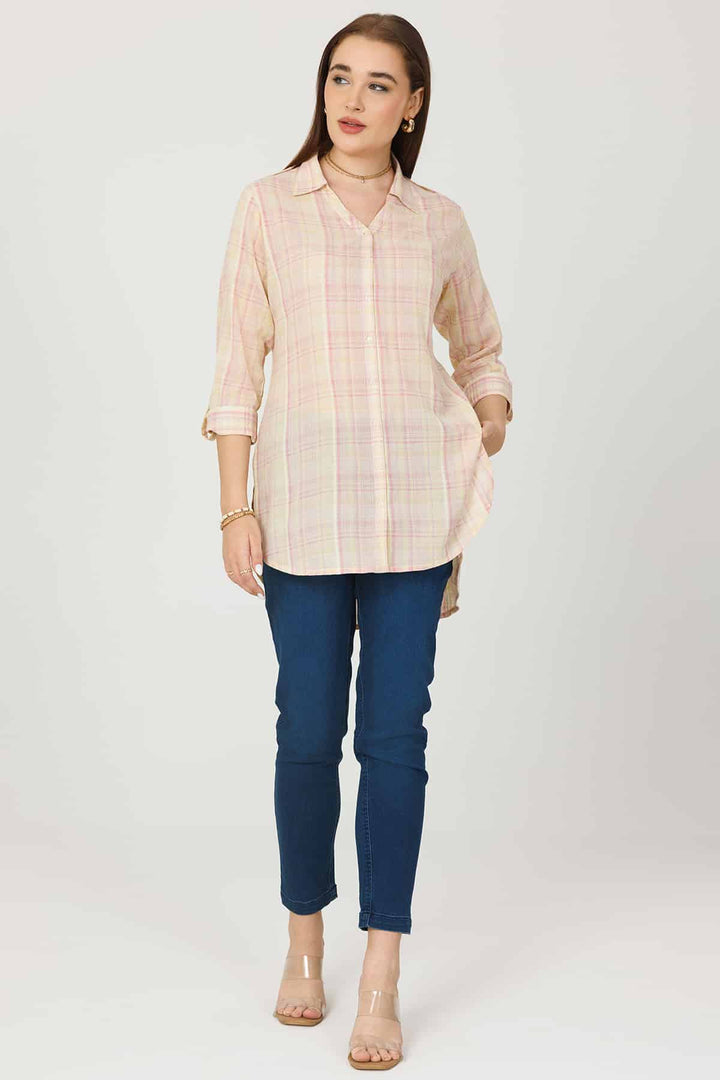 Cream Checked Rayon Crepe Shirt with Full Sleeves