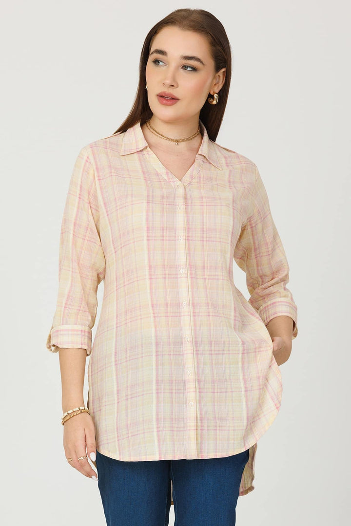 Cream Checked Rayon Crepe Shirt with Full Sleeves