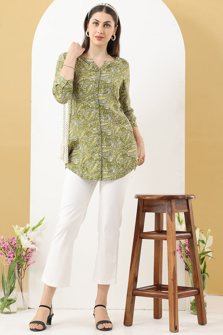 Olive Green Printed Rayon Tunic with Round Neck