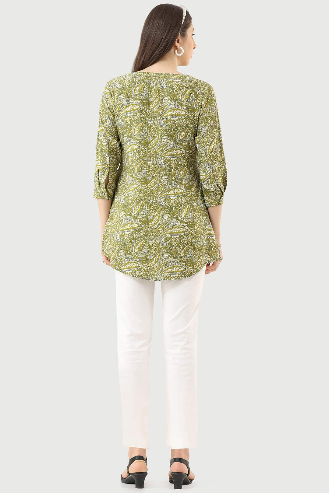 Olive Green Printed Rayon Tunic with Round Neck