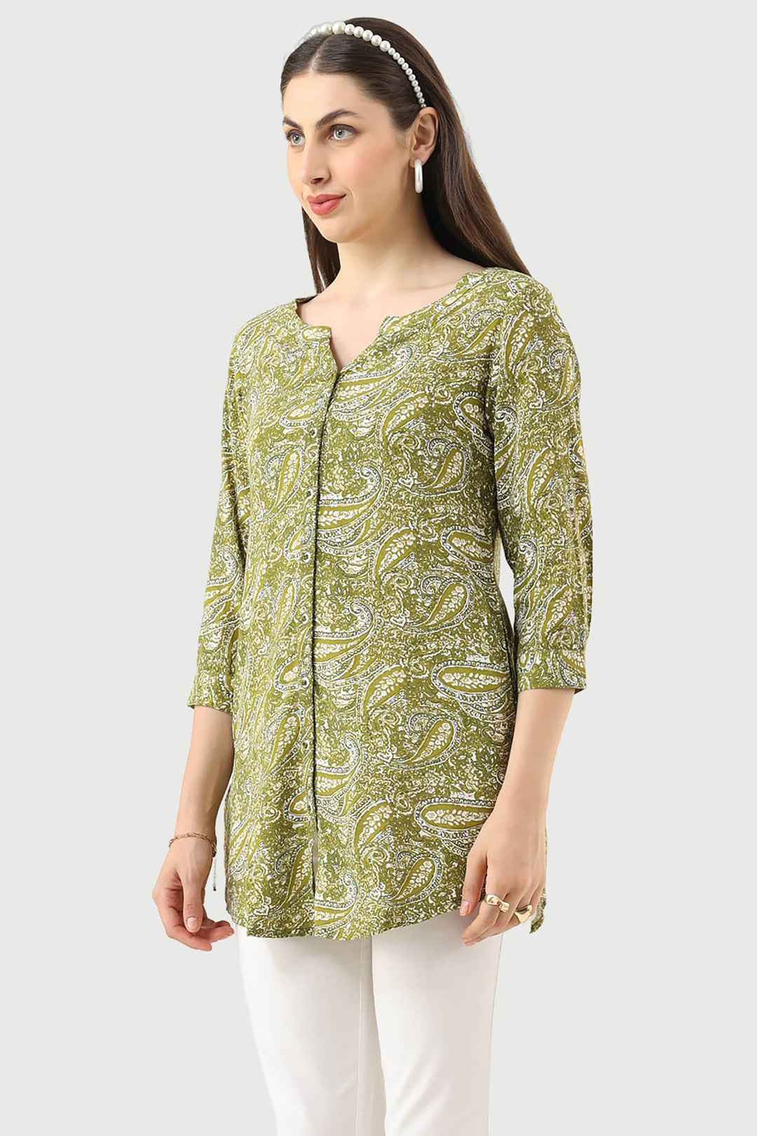 Olive Green Printed Rayon Tunic with Round Neck