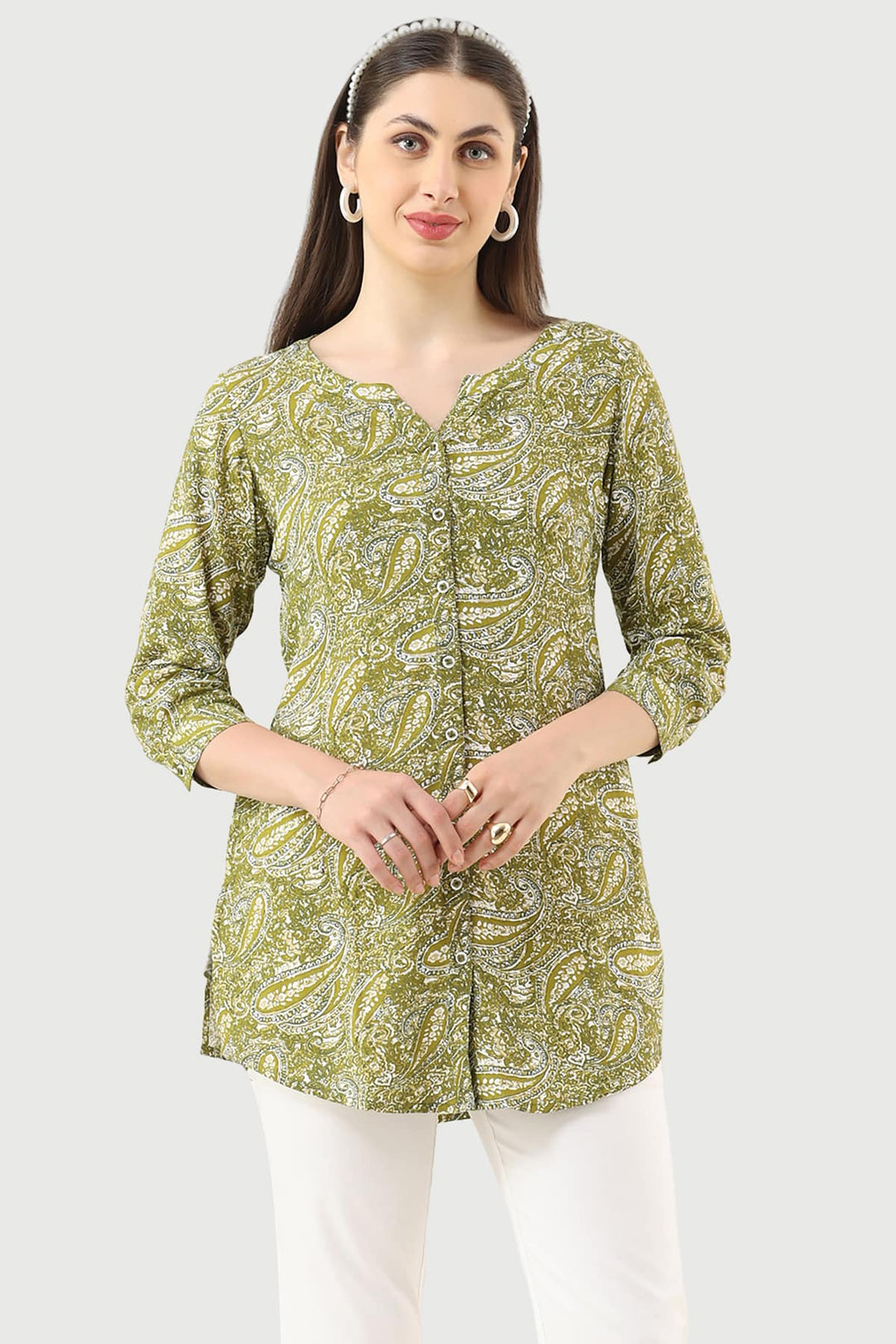 Olive Green Printed Rayon Tunic with Round Neck