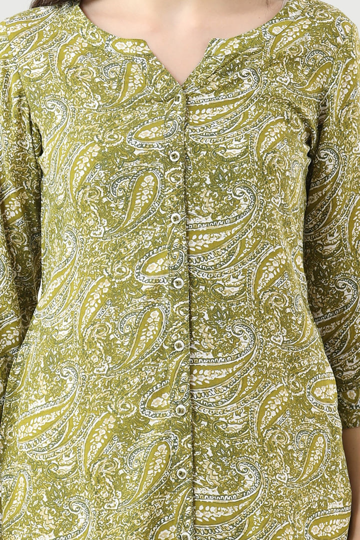 Olive Green Printed Rayon Tunic with Round Neck