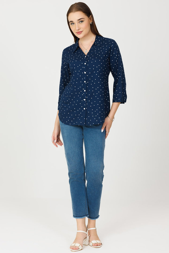 Blue Rayon Printed Shirt with 3/4th Sleeves