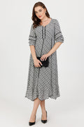 Black And White Printed Moss Crepe Dress with 3/4th Sleeves