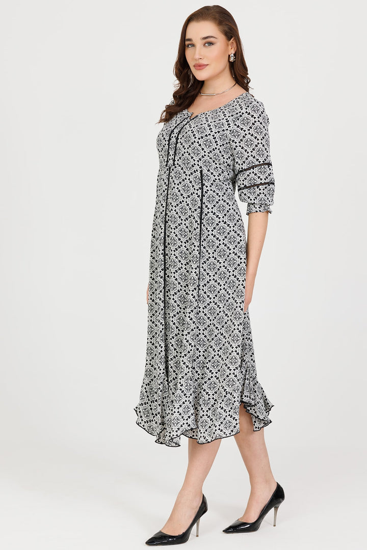 Black And White Printed Moss Crepe Dress with 3/4th Sleeves