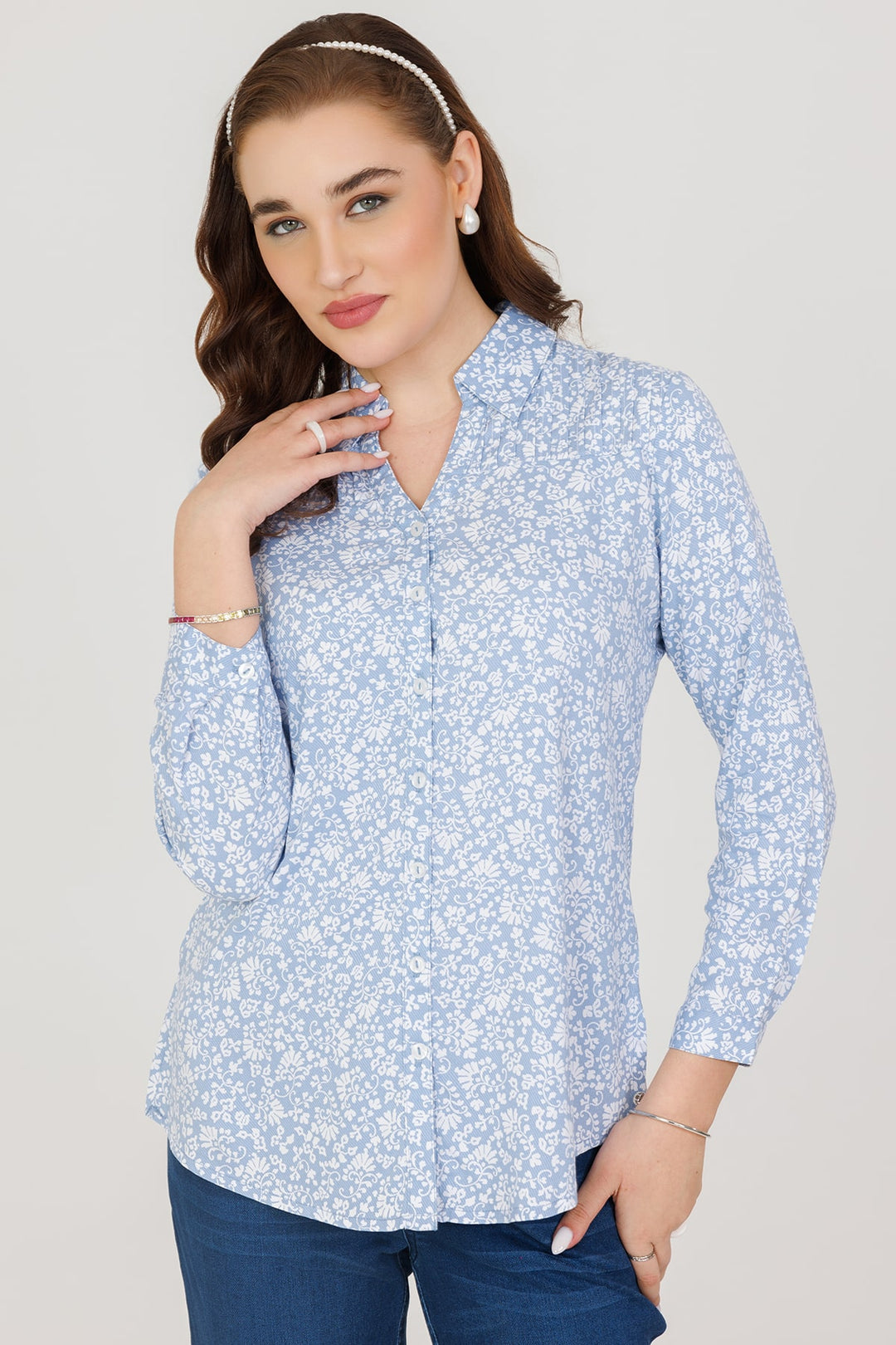 Blue Twill Shirt with Pintuck Detailing