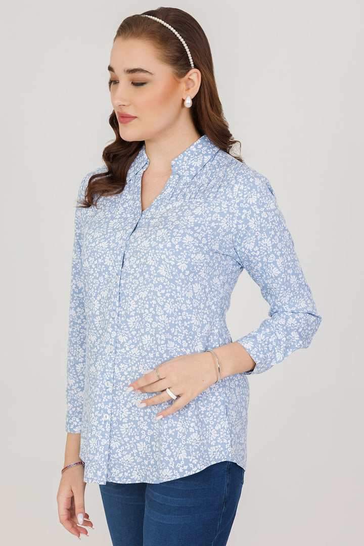 Blue Twill Shirt with Pintuck Detailing