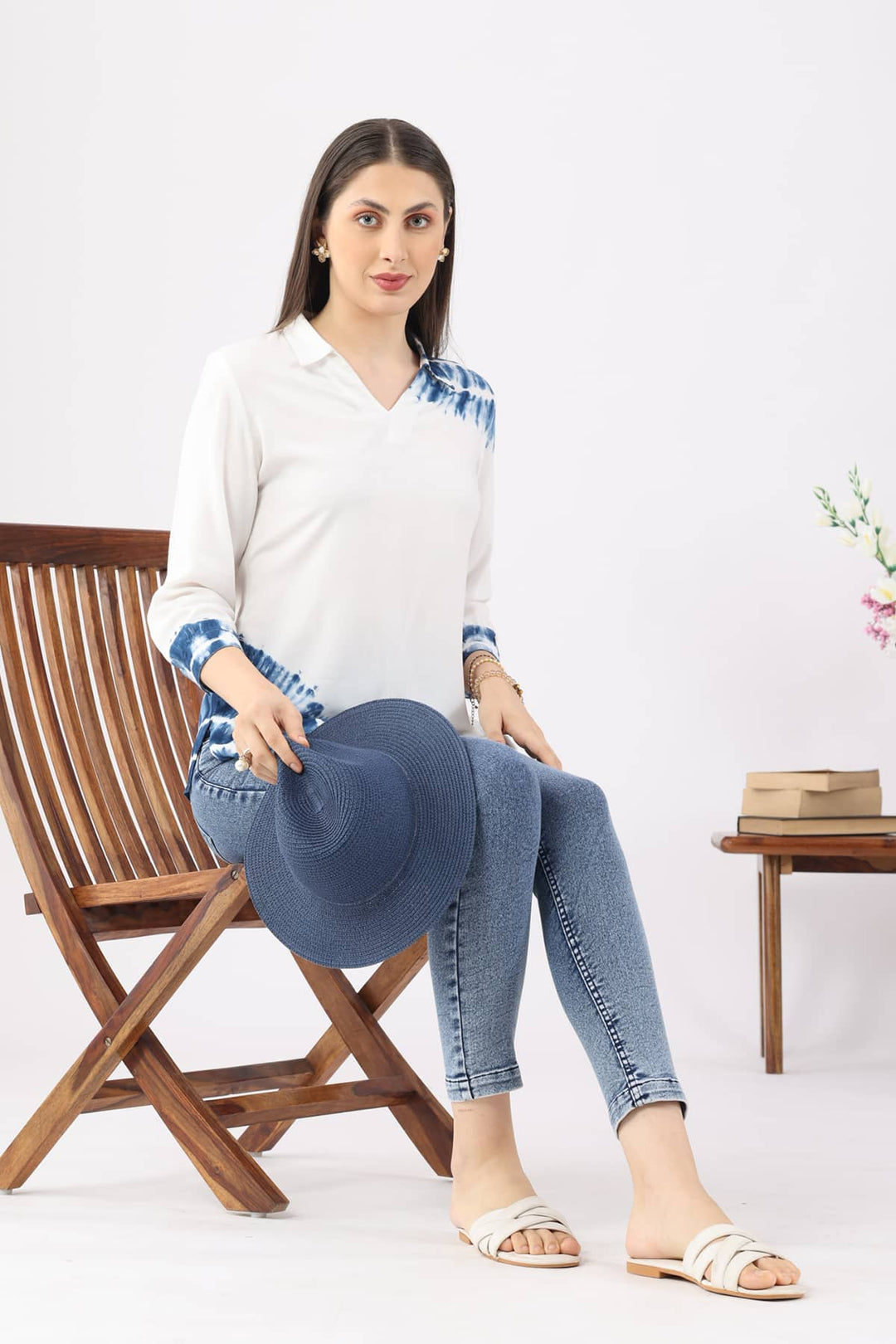 White Tie-Dye Rayon Collared Top