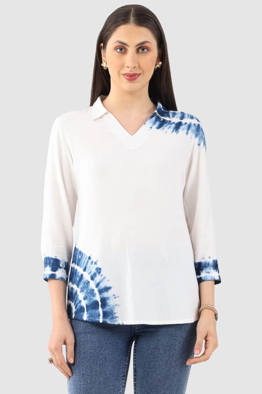 White Tie-Dye Rayon Collared Top