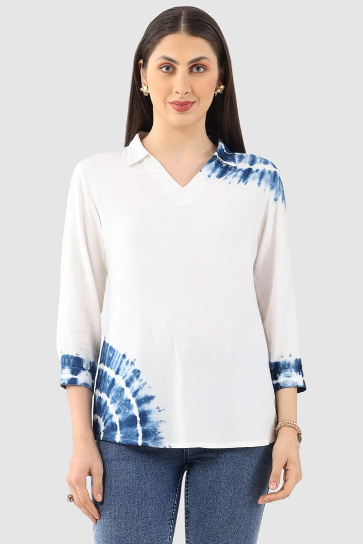 White Tie-Dye Rayon Collared Top