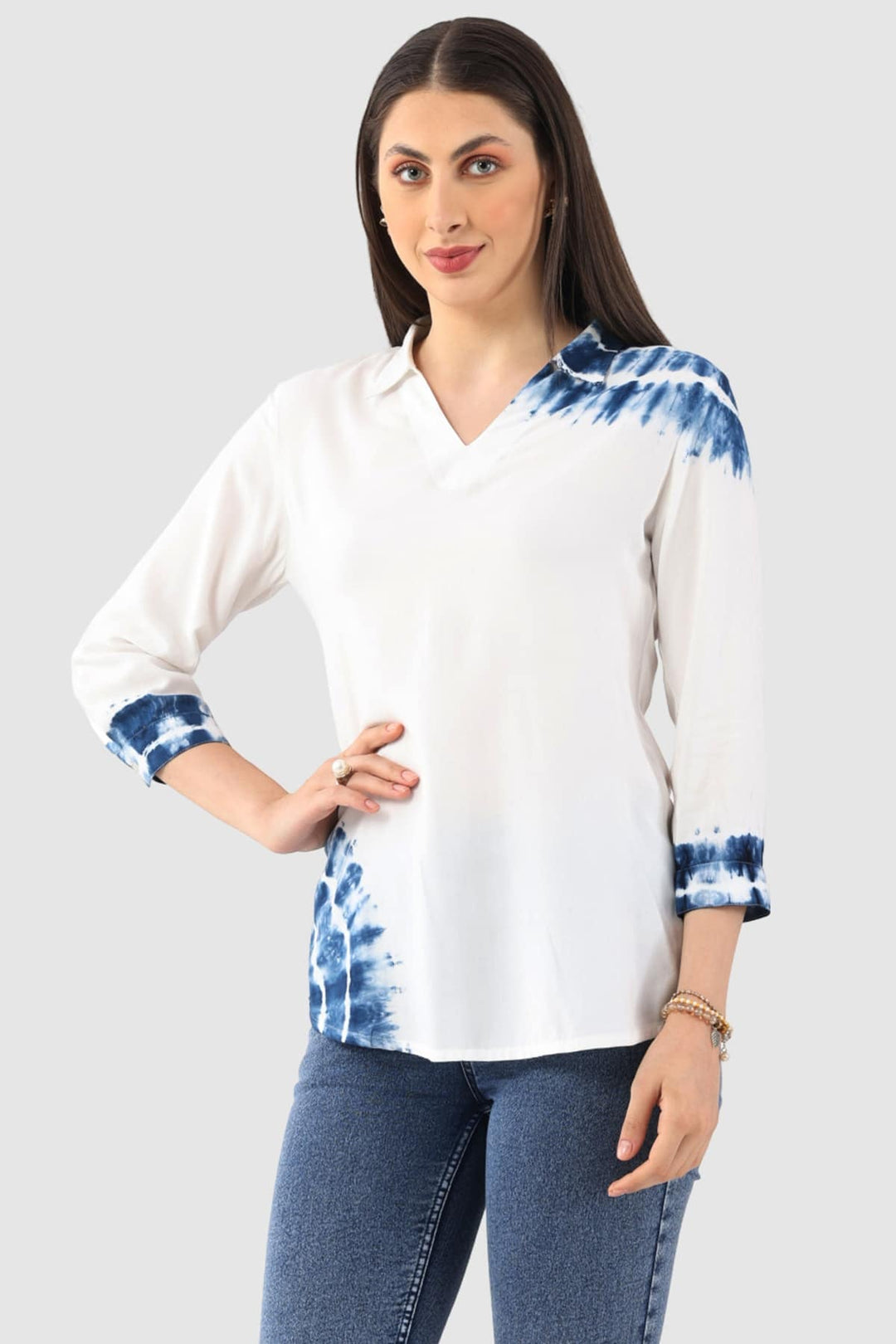 White Tie-Dye Rayon Collared Top