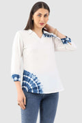 White Tie-Dye Rayon Collared Top