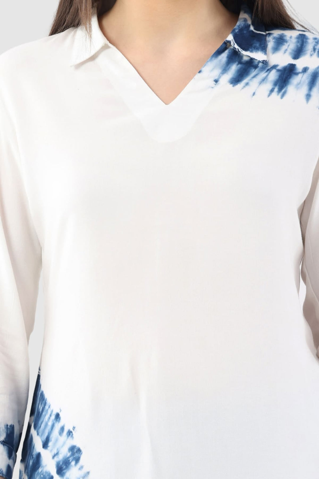 White Tie-Dye Rayon Collared Top