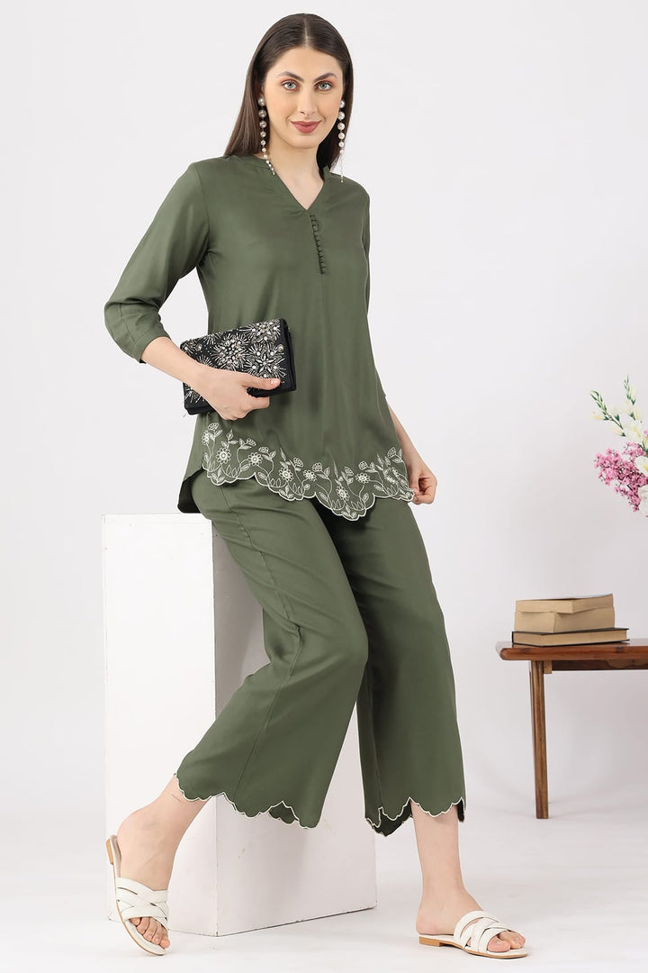 Embroidered Olive Green Co-ord Top in Rayon Twill