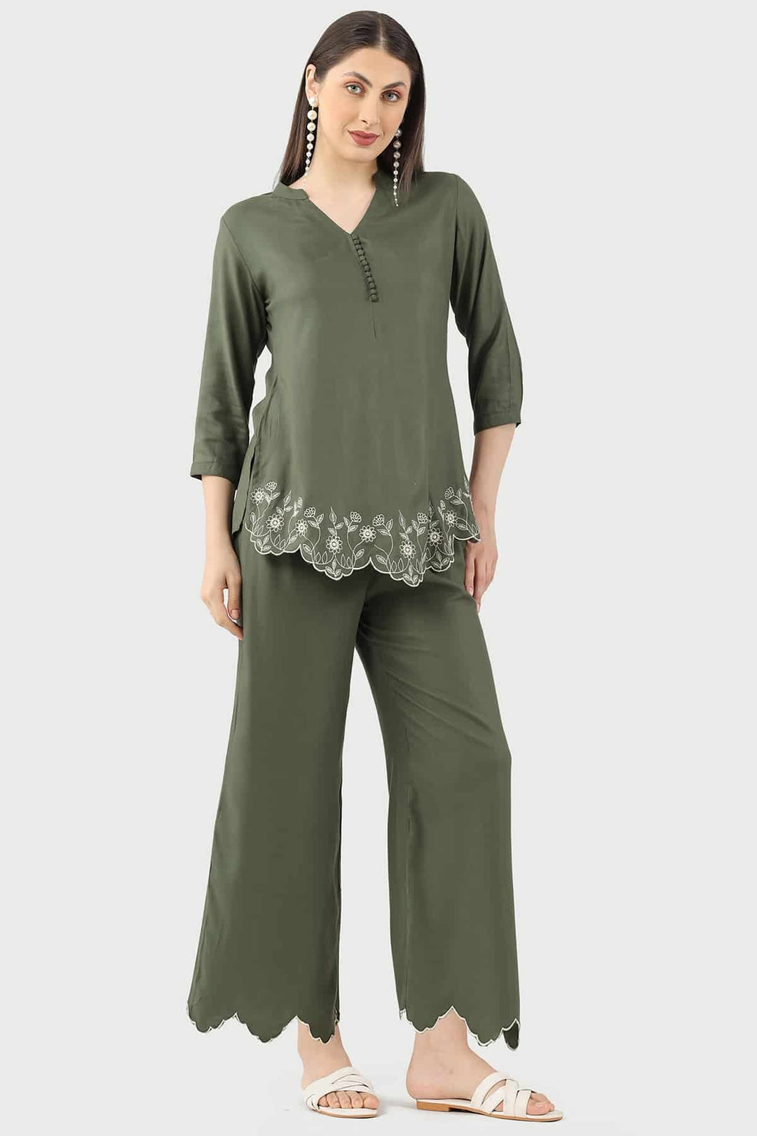 Embroidered Olive Green Co-ord Top in Rayon Twill