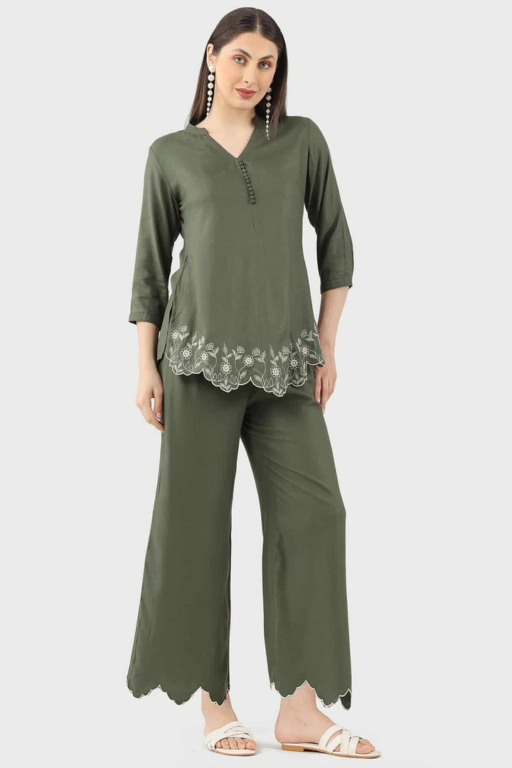 Embroidered Olive Green Co-ord Top in Rayon Twill