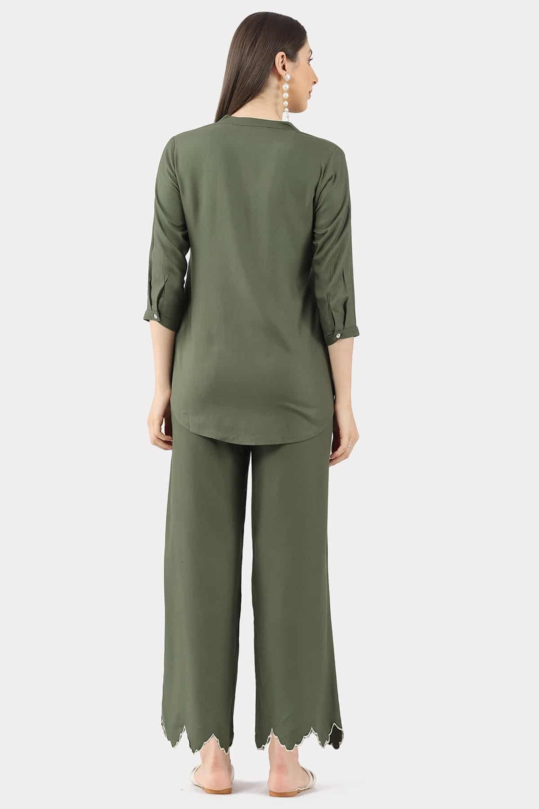 Embroidered Olive Green Co-ord Top in Rayon Twill