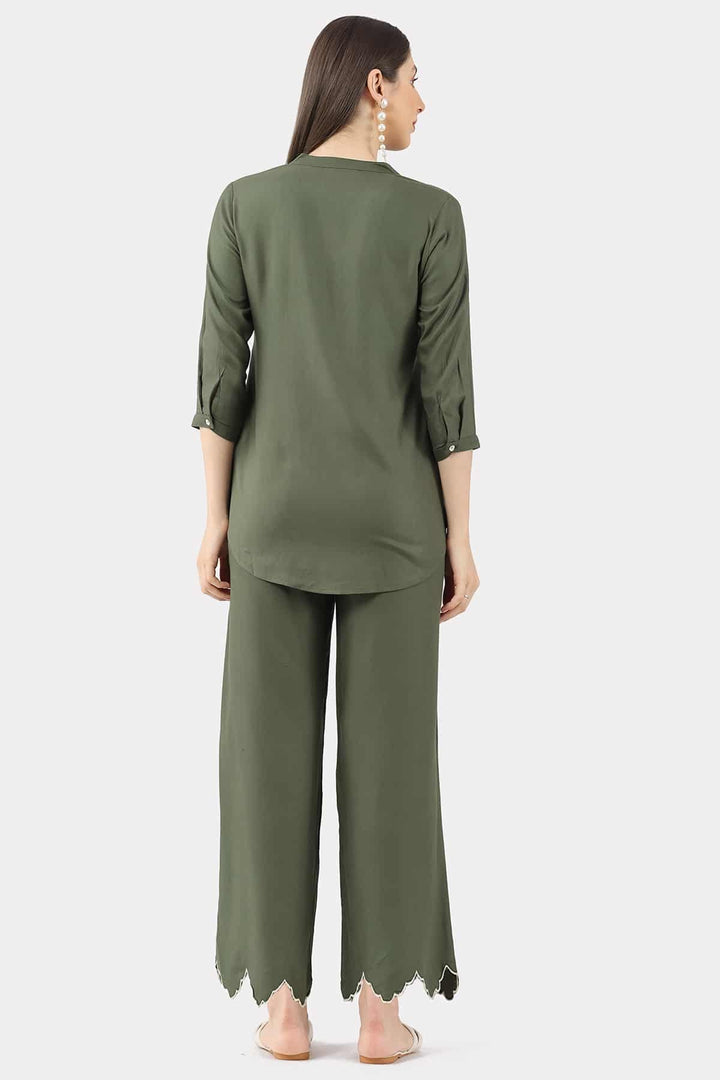 Embroidered Olive Green Co-ord Top in Rayon Twill