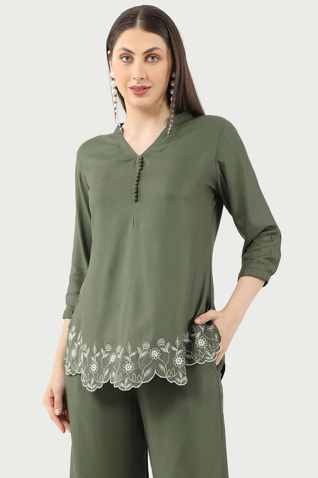 Embroidered Olive Green Co-ord Top in Rayon Twill