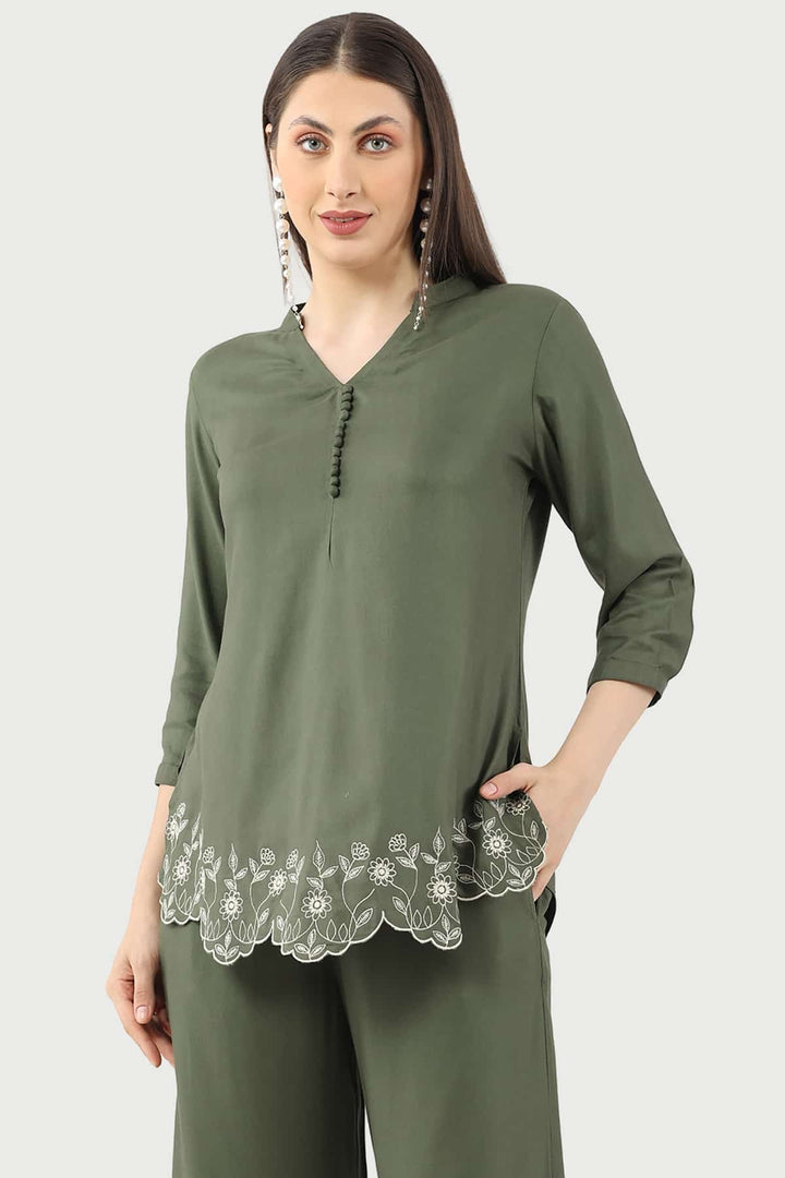 Embroidered Olive Green Co-ord Top in Rayon Twill