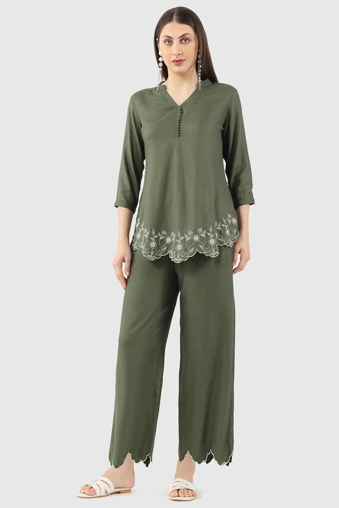 Olive Green Embroidered Co Ord Pant