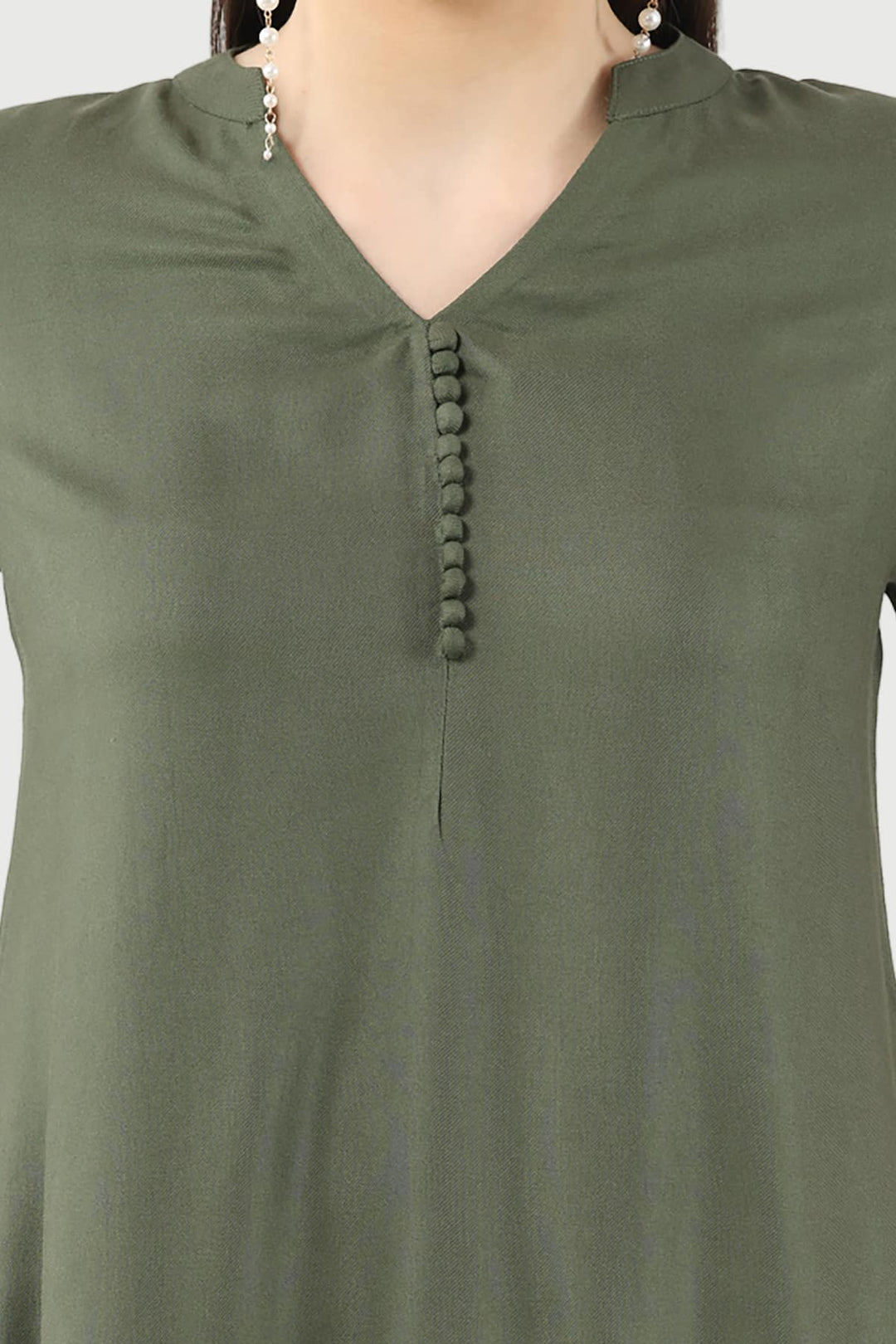 Embroidered Olive Green Co-ord Top in Rayon Twill