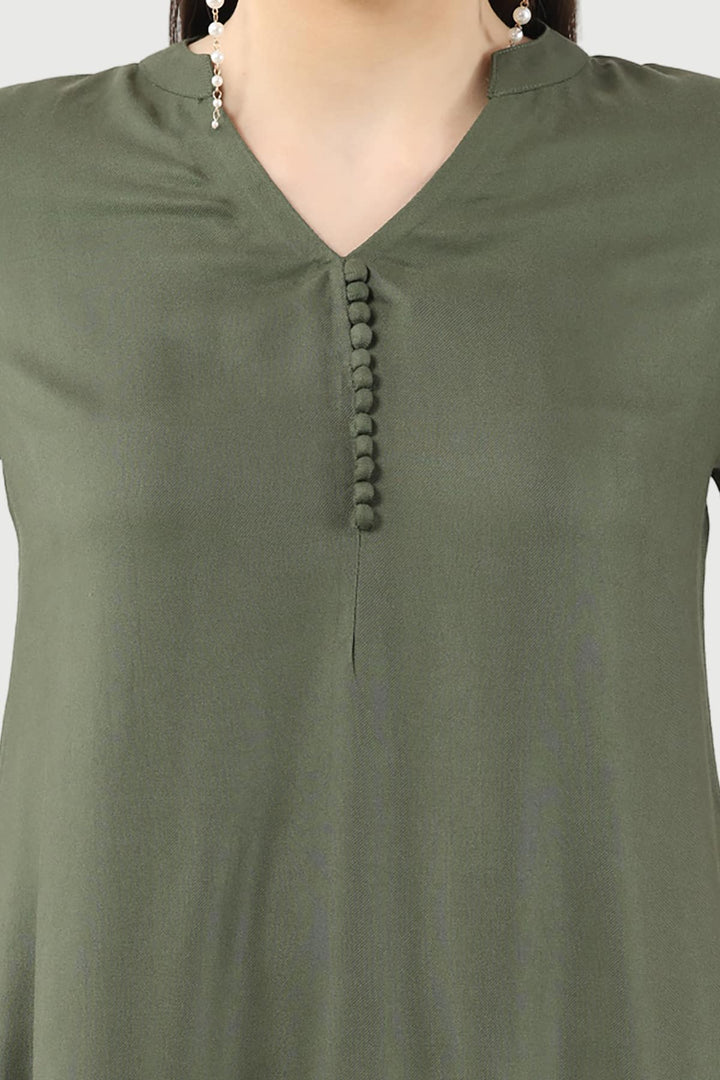 Embroidered Olive Green Co-ord Top in Rayon Twill