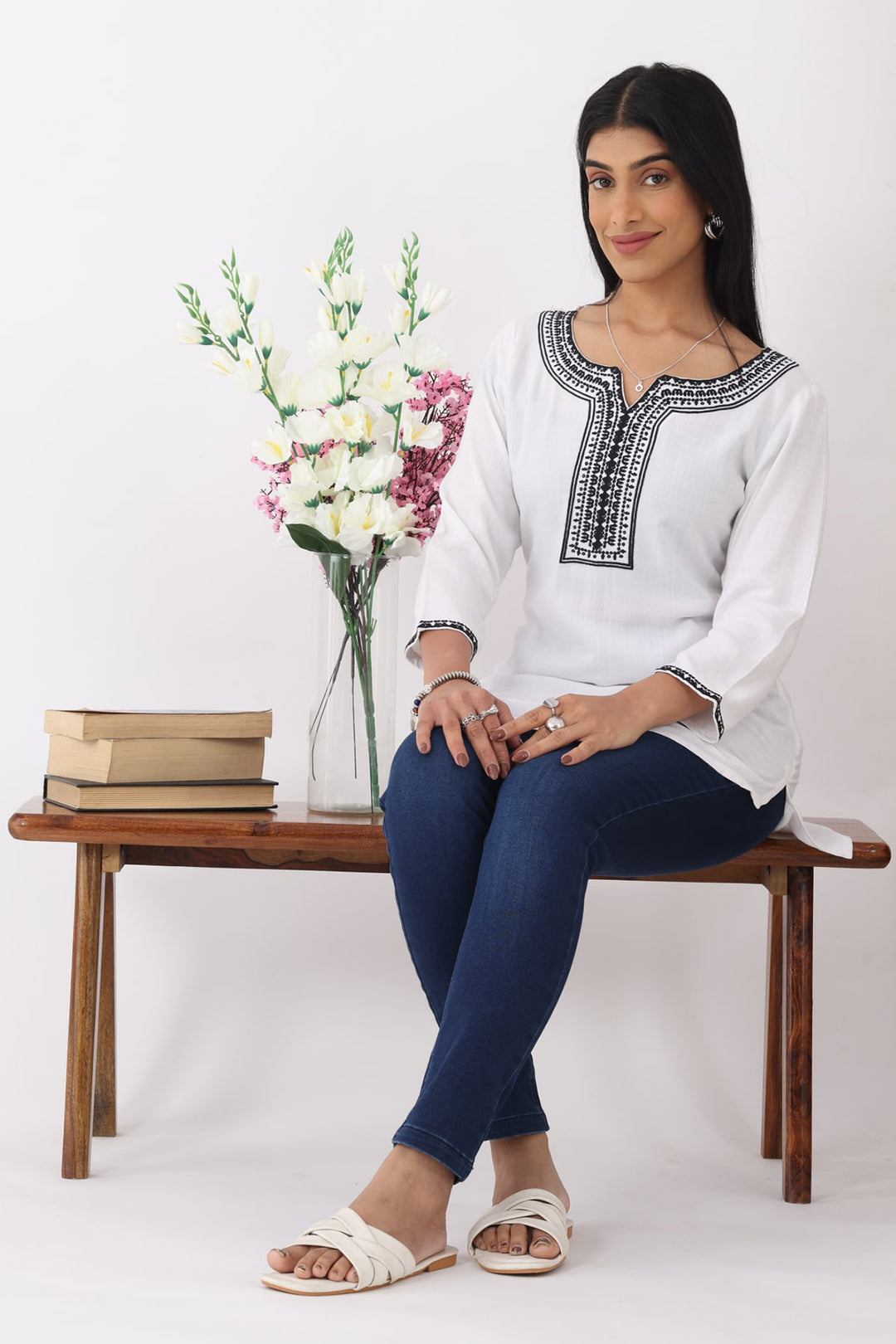 White Cotton Slub Embroidered Top with 3/4th Sleeves